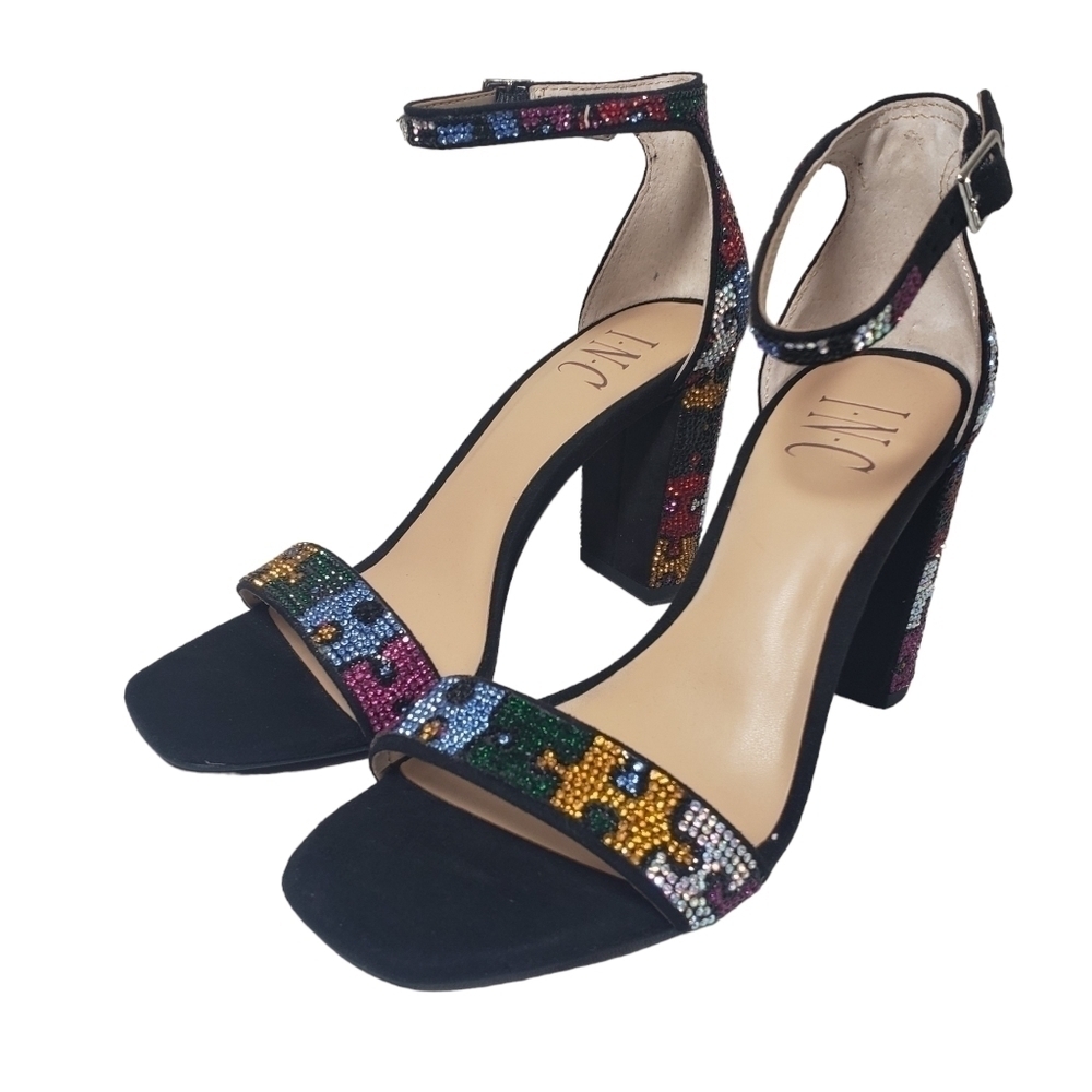 INC International Concepts Lexi Black Open Toe Buckle Rhinestone Puzzle Heels 5M